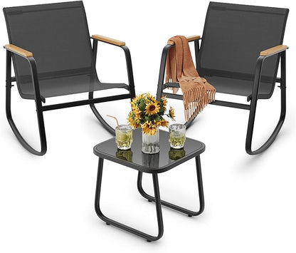 3 Pieces Patio Furniture Set Textilene Outdoor Rocking Set, A Tempered Glass by Ahomly