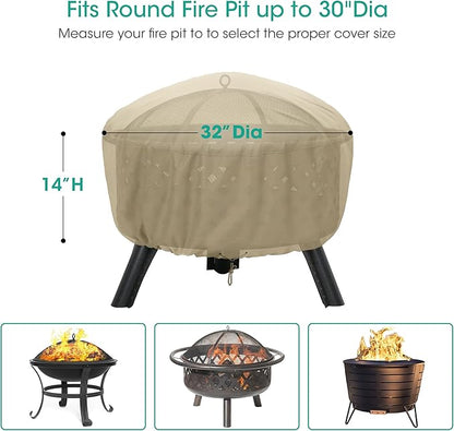 SunPatio Fire Pit Cover 32 Inch, Heavy Duty Waterproof Round Fire Bowl Cover, Small Furniture Ottoman Table Protector, All Weather Protection, Beige