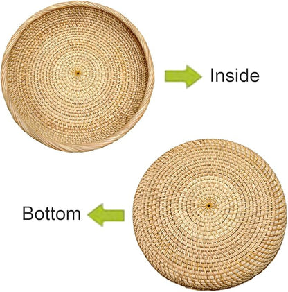 RT&BS Round Rattan Tray, Natural Rattan Decorative Tray, Christmas Food Tray, Handwoven Serving Baskets for Breakfast, Drinks, Snacks (L, Ø9.8 x 2'')