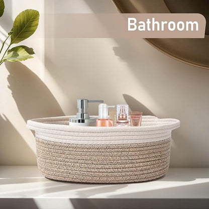 Woven Basket,Small Rope Storage Bin with Handles & Ribbon Bag, Organizer for Shelves Closets,Gift Basket Empty for Birthday,Books,Dog Toys, White&Oatmeal/2 Pack