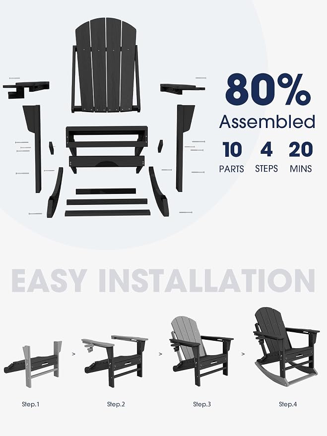 Adirondack Rocking Chair with Ottoman and Cup Holders | HDPE Porch Rocker - Image 6
