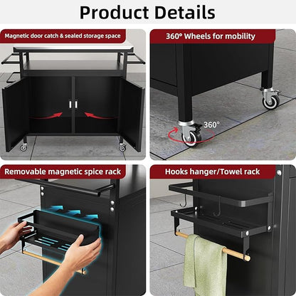 Outdoor Grill Cart Bar Cart with Storage Cabinet for Grilling Accessories, XL Portable Outdoor Grill Table with Stainless Steel Top for Kitchen Prep, Lawn & Garden（Black）