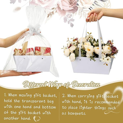 PerKoop 24 Pack Baskets for Gifts Empty Bulk 6.5 x 9.8'' Thick Kraft Gift Basket with Bows and Bags Empty Gift Baskets for Valentine's Day Easter Birthdays Wedding Snacks Farmers Market(White)