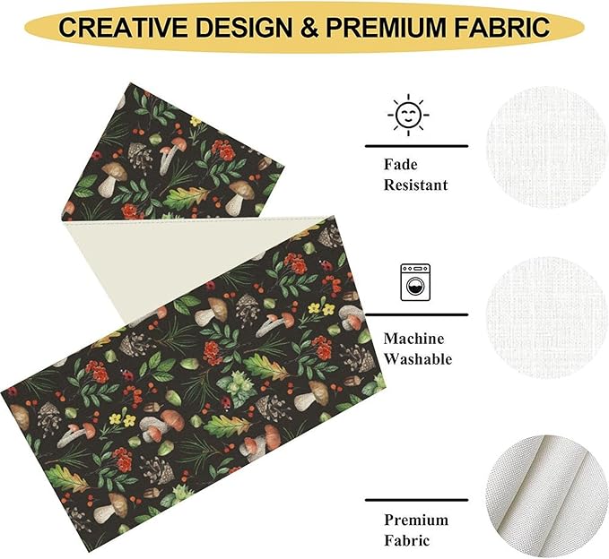 Mushroom Table Runner, Rustic Farmhouse Forest Plants Botanical Wild Floral Coffee Table Center Decor for Home Kitchen Dining Patio Holiday Party Indoor Outdoor Table Decorations, 13"x36" Inch