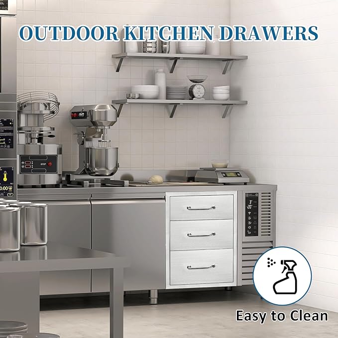 Outdoor Kitchen Drawers 14" Wx21 Hx21 D Flush Mount Access 3-Drawer BBQ Stainless Steel Drawers with Handle for Outdoor Kitchen Island or Grill Station