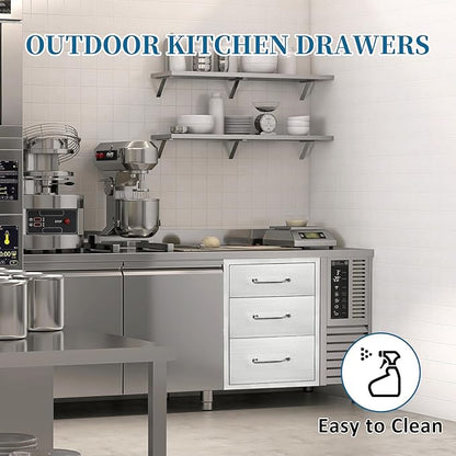 Outdoor Kitchen Drawers 14" Wx21 Hx21 D Flush Mount Access 3-Drawer BBQ Stainless Steel Drawers with Handle for Outdoor Kitchen Island or Grill Station