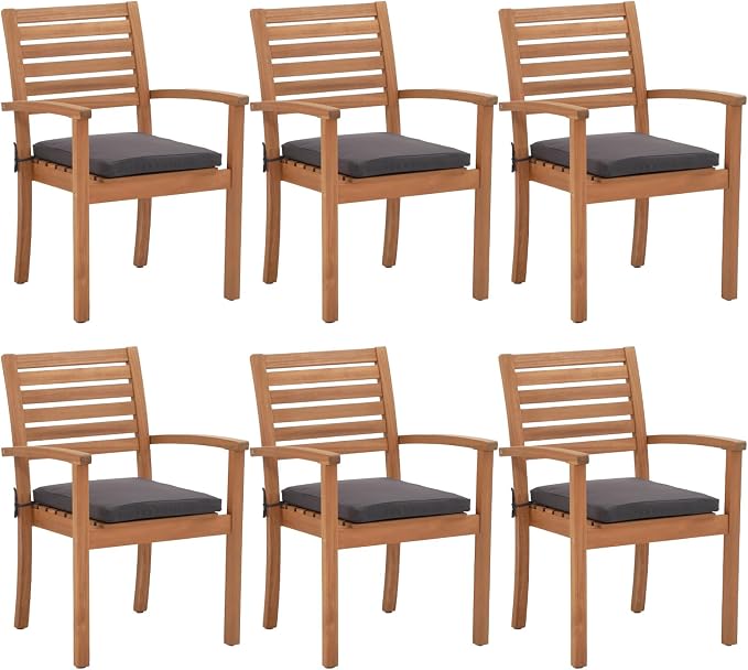 Stackable Patio Dining Chairs Set of 6, Dark Grey | Outdoor Acacia Wood Chairs by OCOrange-Casual