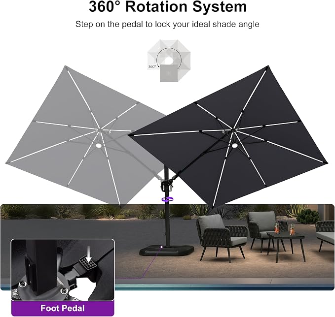 PURPLE LEAF Patio Umbrella W/Base Left-right Tilt 10FT LED, Light Grey | Create - Image 8