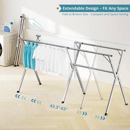 JAUREE 63 Inches Clothes Drying Rack, Drying Rack Clothing Folding Indoor Outdoor, Heavy Duty Stainless Steel Laundry Rack, Foldable Portable Large Clothes Rack Garment Rack with 20 Windproof Hooks