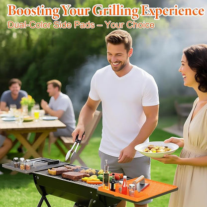 2-Pack Silicone Griddle Mat for Blackstone – Heat-Resistant Utensil Holder with Drip Tray, Non-Slip BBQ Tool Organizer for Grill, Kitchen Countertop & Outdoor Cooking Accessories（Grey&Orange）