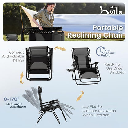 PHI VILLA Padded Zero Gravity Chair Set of 2, Cup Holder, 28in Seat, Supports - Image 8