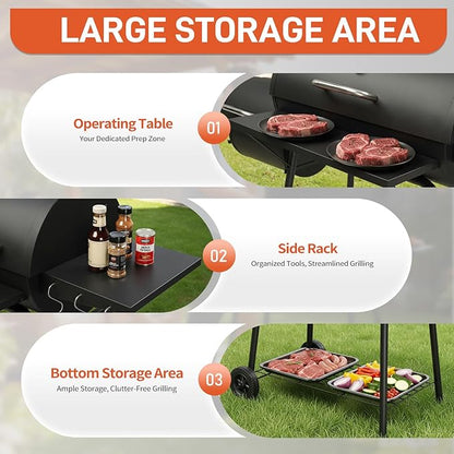 Outvita Charcoal Grill with Offset Smoker, Barrel Barbecue Smoker Grill with Spacious Cooking Area for BBQ, Backyard Patio Picnic Parties Camping, Black
