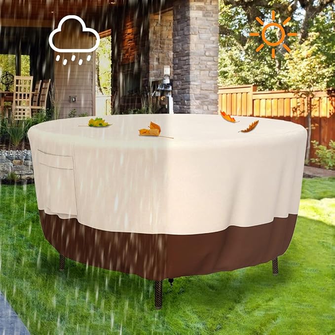Tuyeho Patio Table Cover, Heavy Duty Round (96D x 28H Inch), Outdoor Dining & Coffee Table Cover, Waterproof, Weather Resistant, Anti UV - Beige & Brown