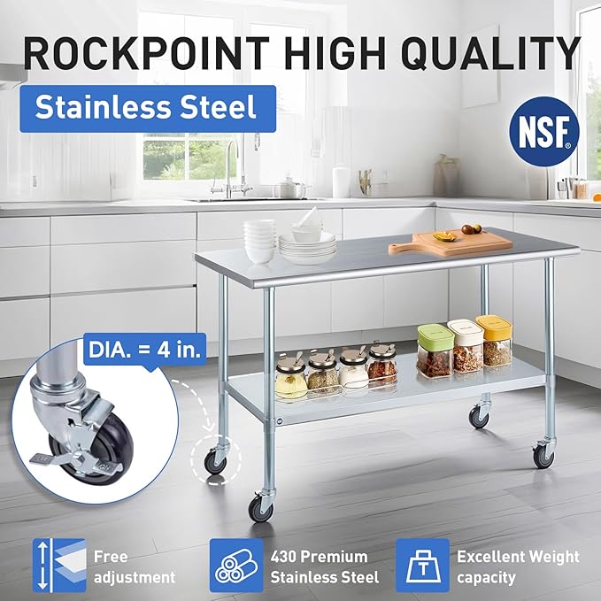 ROCKPOINT Stainless Steel Table for Prep & Work with Caster Wheels 18x36 Inches, NSF Metal Commercial Kitchen Heavy Duty Table with Adjustable Under Shelf and Table Foot for Restaurant, Home and Hotel