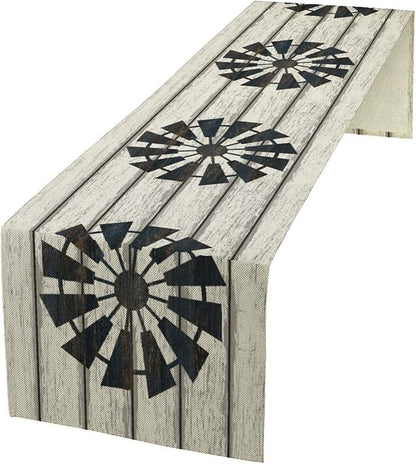 Retro Windmill Table Runner, Rustic Farmhouse Wood Grain Country Style Print Table Runner for Dinning Holiday Party Indoor Outdoor Decor, 13x90inch