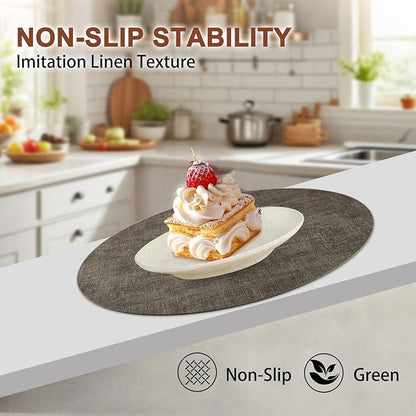 Round Faux Leather Placemats and Coasters, Set of 6, Reversible Heat Resistant Non-Slip Table Mats, Waterproof Wipeable Place Mats for Dining Table, Washable for Indoor & Outdoor (6, Dark Brown)