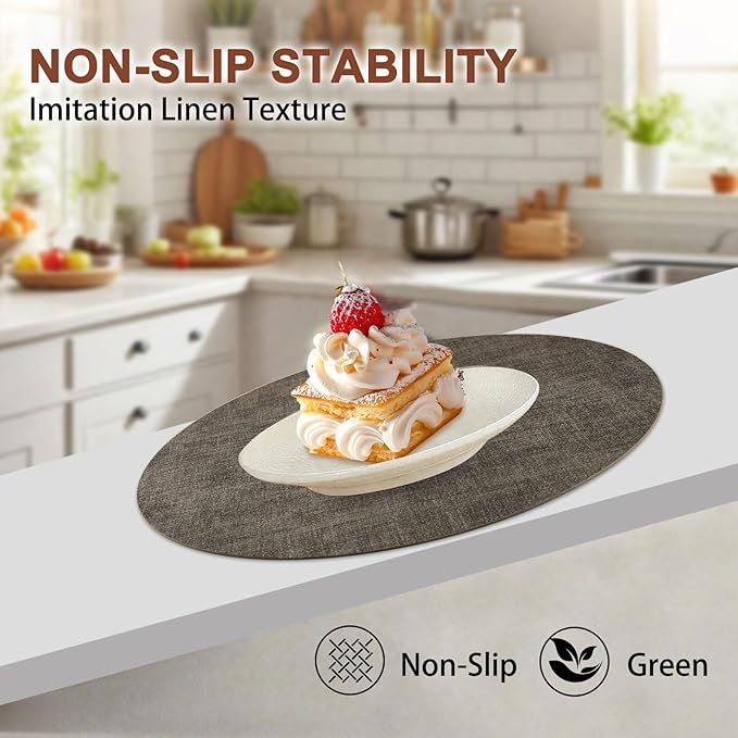 Round Faux Leather Placemats and Coasters, Set of 8, Reversible Heat Resistant Non-Slip Table Mats, Waterproof Wipeable Place Mats for Dining Table, Washable for Indoor & Outdoor (8, Dark Brown)