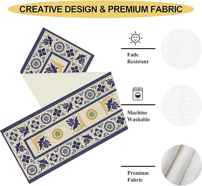 Mexican Table Runner, Blue Floral Birds Mexico Talavera Ceramic Dia De Los Muertos Coffee Table Center Decor for Family Home Kitchen and Dining Farmhouse Indoor Outdoor Table Decorations, 13" X 90"