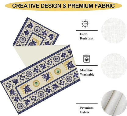 Mexican Table Runner, Blue Floral Birds Mexico Talavera Ceramic Dia De Los Muertos Coffee Table Center Decor for Family Home Kitchen and Dining Farmhouse Indoor Outdoor Table Decorations, 13" X 90"