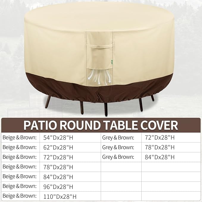 Round Patio Furniture Covers, 96" DIA x 28 H Waterproof Outdoor Furniture Cover for Patio Table & Chair Sets, 600D Heavy-duty UV-Resistant Fade-Proof Protection, Beige & Brown