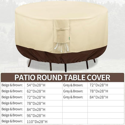 Round Patio Furniture Covers, 96" DIA x 28 H Waterproof Outdoor Furniture Cover for Patio Table & Chair Sets, 600D Heavy-duty UV-Resistant Fade-Proof Protection, Beige & Brown