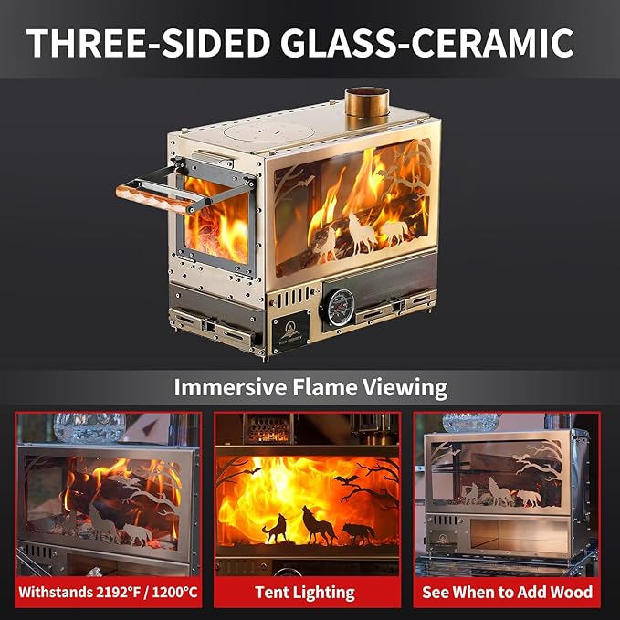 Heavy Duty M8 Wood Burning Stove with Oven, 2100 Cu In Large Firebox,4 Air Inlets, Stainless Steel, Foldable Base & Ash Drawer, 6-Piece Chimney Pipe Kit for Outdoor Cooking, Camping, Off-Grid
