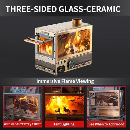 Heavy Duty M8 Wood Burning Stove with Oven, 2100 Cu In Large Firebox,4 Air Inlets, Stainless Steel, Foldable Base & Ash Drawer, 6-Piece Chimney Pipe Kit for Outdoor Cooking, Camping, Off-Grid