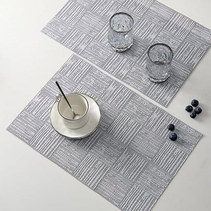 Placemats Set of 8, Plastic Vinyl 18" x 12" Place Mats for Dinner Table, No-Slip Wipeable Table Mats Daily Use Patio Kitchen Decoration (White Mix Black)