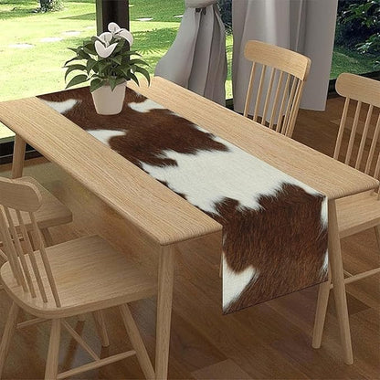 Cow Print Table Runner, Brown Cowhide Print Western Style Table Runner Country Farmhouse Cottage Cow Pattern Linen Table Decoration for Home Kitchen Dining 13x90