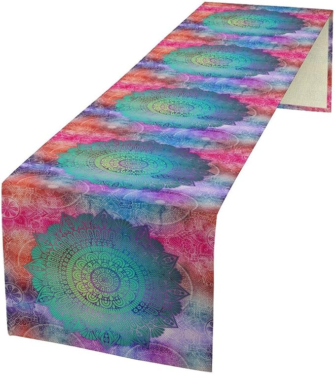 Bohemian Flroal Table Runner, Vintage Colorful Pink Boho Geometric Mandala Flower Paisley Rustic Coffee Table Center Decor for Family Kitchen and Living Room Outdoor Table Decorations, 13"x108"
