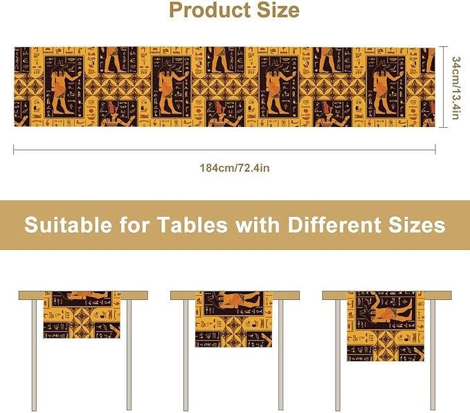 Retro Egypt Table Runner, Vintage Egyptian Gods Ancient Egyptian Hieroglyphs Table Runner for Kitchen Family Dining Holiday Party 13x60in