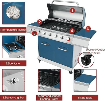 Royal Gourmet GA6402B 6 Burner Propane Gas Grill with Side Burner and Warming Rack, 74,000 BTUs, Cabinet Style Gas BBQ Grill for Barbecue Grilling & Backyard Cooking, Blue