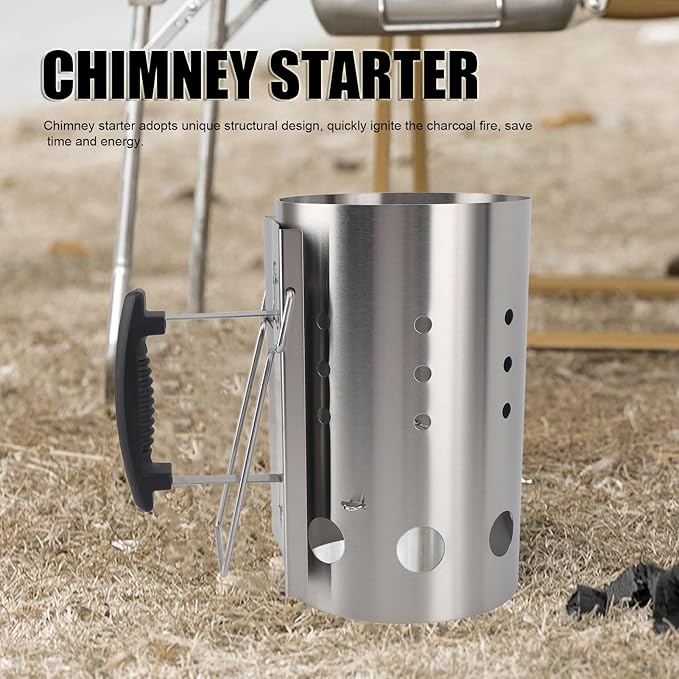 Agatige Charcoal Grill Chimney Starter, Stainless Steel Portable Charcoal Lighter Burner Grill Accessory for Barbecue Camping Picnic