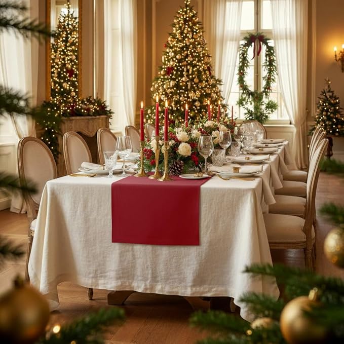 D'Moksha Homes Linen Red Table Runner 132 Inches Long - 100% Pure Linen Extra Long Table Runner 14 x 132 Inch for Valentines, Holiday - Machine Washable