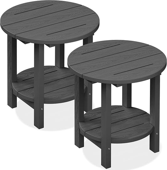 SERWALL Round Outdoor Side Table Set of 2, HDPE Small Adirondack Double End Table, Gray