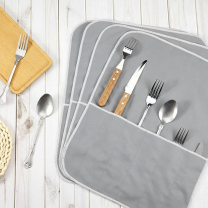 Hillban 6 Pcs Anti Tarnish Silver Storage Bags Silver Storage Cloth Felt Flatware Organizer Anti Tarnish Protector Bags Place Setting Roll with White Ribbon for Kitchen Cutlery (6 Slots,Grey)