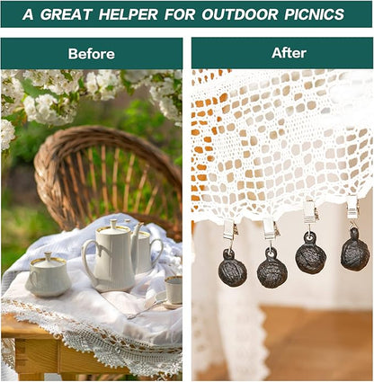 Sungmor Cast Iron Heavyweight Tablecloth Weights - 4 Pack Antique Dark Brown Round Clew Pendent Clips Weights Kit - Heavy Duty Table Cloth Cover Clamps for Home Garden Party Wedding Camping Picnic