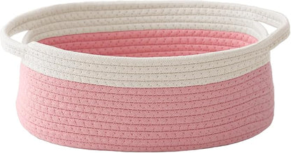 Woven Basket,Small Rope Storage Bin with Handles & Ribbon Bag, Organizer for Shelves Closets,Gift Basket Empty for Birthday,Books,Dog Toys, White&Pink