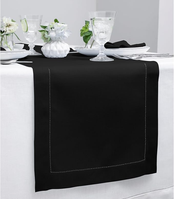 Solino Home Linen Hemstitch Table Runner 108 Inches Long - 100% Pure Linen Black Table Runner 16 x 108 Inch for Fall, Autumn, Halloween, Thanksgiving, Holiday - Classic Hemstitch