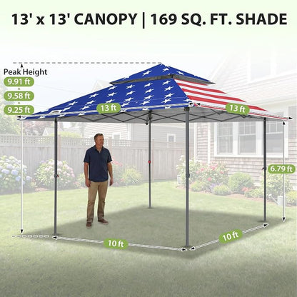 EAGLE PEAK 13x13 Pop Up Canopy Tent, Auto Extended Eaves, American Flag | Easy - Image 3