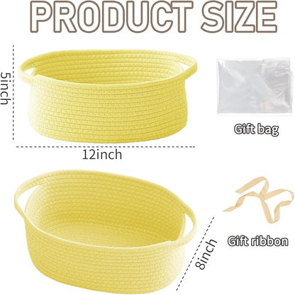 Woven Basket,Small Rope Storage Bin with Handles & Ribbon Bag, Organizer for Shelves Closets,Gift Basket Empty for Birthday,Books,Dog Toys, Yellow