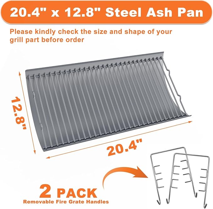 LS'BABQ 20" Ash Pan Charcoal Grill Replacement Parts with 2 PCS Fire Grate Hangers for Chargriller 5050, 5072, 5650, 2123 Charcoal Grills, Aluminized Steel for Chargriller MODEL #200157(20.4" x 12.8")