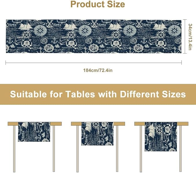 Marine Ship Table Runner, Nautical Pattern Seasonal Farmhouse Sea Rustic Kitchen Dining Table Decoration for Holiday Home Party Festival 13x60in