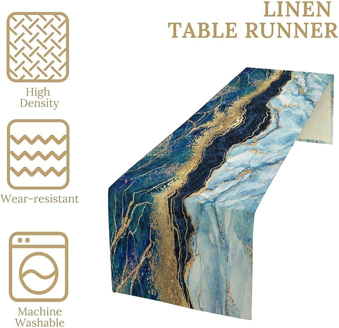 Marble Table Runner, Blue Texture Abstract Art Print Table Runner for Indoor Home Living Room Party Dining Kitchen 13x60in