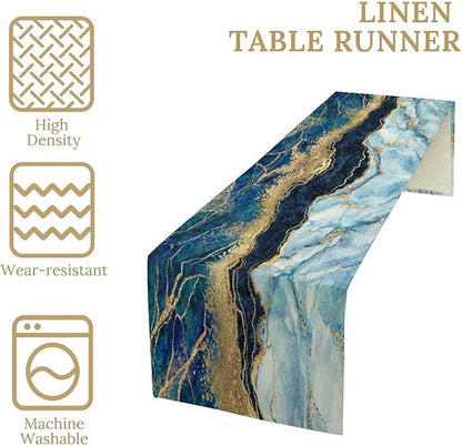 Marble Table Runner, Blue Texture Abstract Art Print Table Runner for Indoor Home Living Room Party Dining Kitchen 13x120in