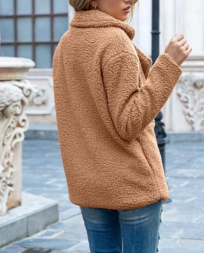 Women's Winter Warm Plush Cardigan Fuzzy Fleece Lapel Jacket with Buttons Pockets Long Sleeve Casual Outerwear