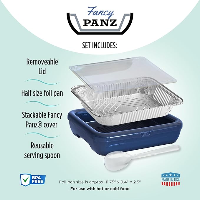 Fancy Panz - Navy Classic Aluminum Foil Pan Carrier with Lid - Elevated Food Serving Tray - Portable Casserole Carrier with Lid - Made in The USA Hosting Essentials