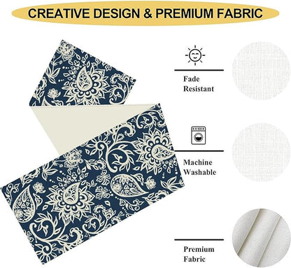 Blue Paisley Table Runner, Vintage Damask Antique Floral Flower Boho Damask Swirled Rustic Coffee Table Center Decor for Family Kitchen and Living Room Outdoor Table Decorations, 13"x36"