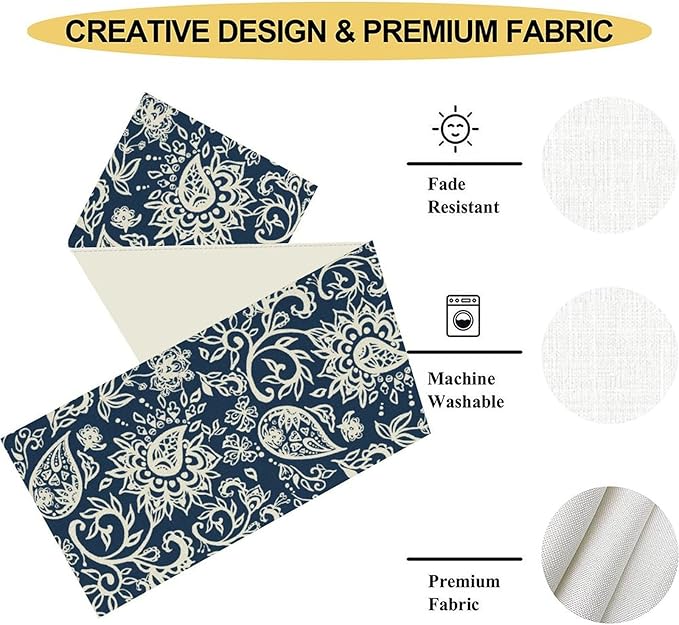 Blue Paisley Table Runner, Vintage Damask Antique Floral Flower Boho Damask Swirled Rustic Coffee Table Center Decor for Family Kitchen and Living Room Outdoor Table Decorations, 13"x72"