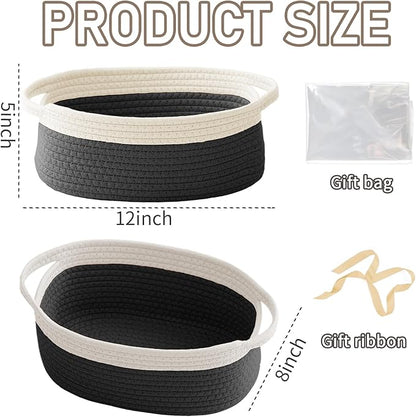 Woven Basket,Small Rope Storage Bin with Handles & Ribbon Bag, Organizer for Shelves Closets,Gift Basket Empty for Birthday,Books,Dog Toys, White&Black/3 Pack
